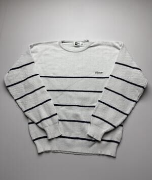 K-BRAND Pillsbury Sweater Mens Large White Stripe Crewneck Knit USA Pullover